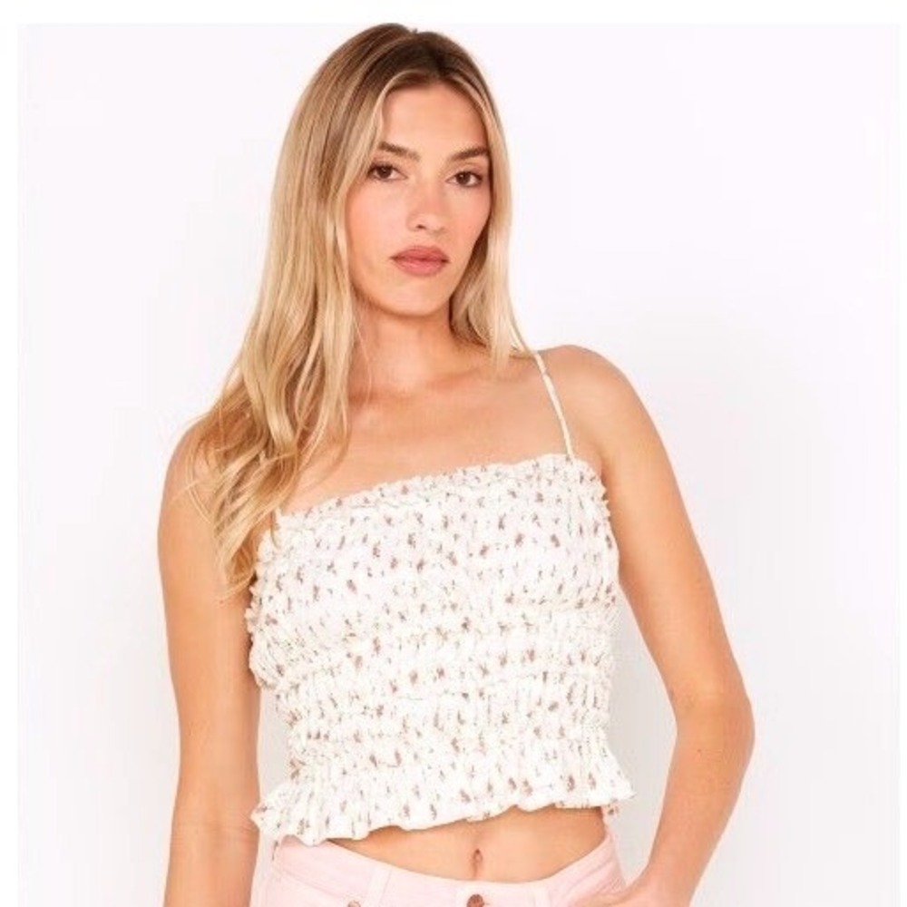 Miss Me Floral Smocked Cami Top White Pink Ruffle Peplum MT3194T Medium